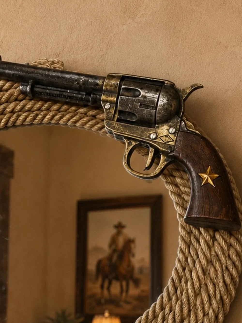 Western Cowboy Oval Rope Wall Mirror with Revolver & Sheriff Star Accents